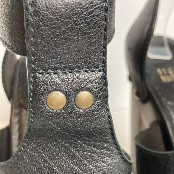 Stuart Weitzman T-Straps Black Leather Wood Heels Studded Sandals SZ 7.5 Party - Picture 8 of 16